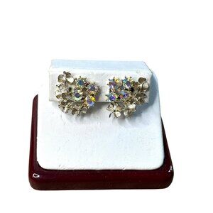 Vintage Gold-Tone Clip-On Earrings With Aurora Borealis Rhinestones & Floral Des